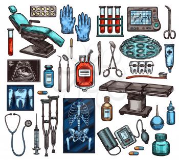 Medical equipment of hospital. Vector examination chair and gloves, blood in flasks and monitor with heartbeat, scissors and scalpel, ultrasound exam and X-ray, surgery table and braces