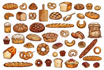 Bread and bakery icons, vector isolated sketches. Loaf and baguette, croissant and cupcake, wheat flour and sweet bun, pretzel and bagel. Natural organic pastry food and cutting board
