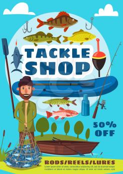 Tackle shop and fishing sport vector poster, fisherman holding net full of fish. Wooden and inflatable boat, bait and hook, trout and perch, carp and herring. Outdoor activity or hobby theme