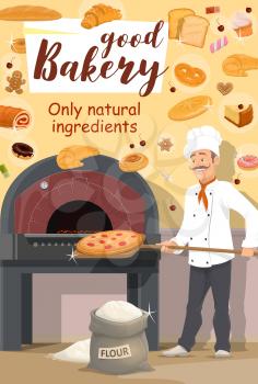Baker putting shovel with pizza in stove, bakery and pastry shop. Vector wheat flour sack and bread loafs, roll and cupcake. Croissant and dough, gingerbread cookie and pretzel, doughnut and waffle, marmalade