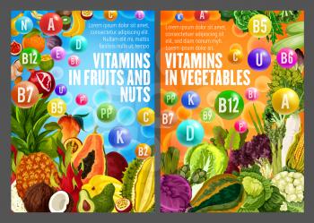 Healthy life with vitamins A, B, D, K and minerals. Fruits and vegetables with medical vitamin pills. Vector papaya and coconut, pineapple and cabbage, cauliflower and salad, orange and banana, peach