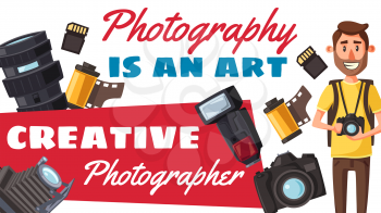 Photographer creative profession and photography. Vector photojournalist with digital camera and professional photo equipment. Lens and flash, photo film roll and memory card vector