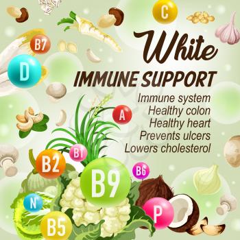 White day of color diet immune support. Vector vegetable and nut, vitamins B, C and D with minerals symbols in bubbles. Cauliflower and coconut, cabbage and mushroom, ginger and cashew, beans and rice