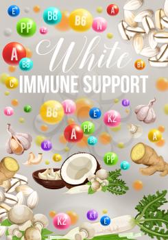 Color detox diet poster of white food day for immune support. Coconut and ginger, mushroom and garlic, celery and beans. Proper dietary nutrition with B, A and N vitamins for strong health vector