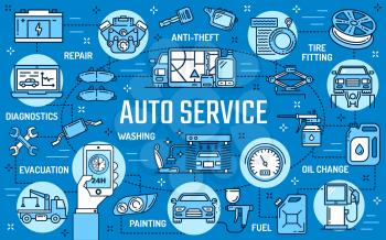 Auto repair service, car spare parts and tool vector design. Anti-theft and tire fitting, oil change and fuel, painting and evacuation, engine diagnostics and repair. Online order, control and payment