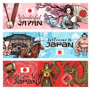 Japan tradition banners with japanese symbols. Religion, sport wrestler sumo in kimono, samurai and Japanese drum taiko music instrument, origami, judo or karate. Geisha in sakura branches and dragon