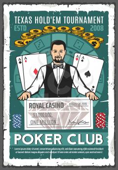 Casino retro poster with croupier holding million dollar check. Gambling place, play cards or aces and gold coins, chips for stakes and money prize. Tournament or championship in gamble game vector