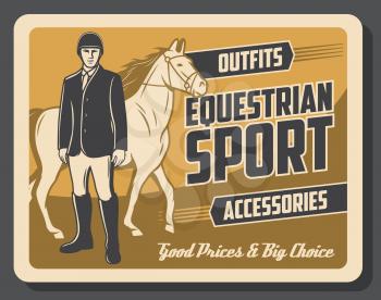 Equestrian sport horse and jockey rider. Thoroughbred stallion or mare with tack, saddle and bridle, horseman with horserace equipments and accessory. Equine competition and derby show vector design