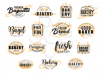 Bread and bakery products for dessert icons with lettering. Bagel and muffin, croissant and baguette silhouettes with signs for pastry food shop. Food of dough and flour badges vector isolated