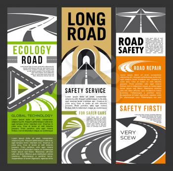 Ecology and safety on road banners. Safe trip brochure with text for long distance transportation. Car journeys through highways of high quality, life protection and precaution signs leaflet vector