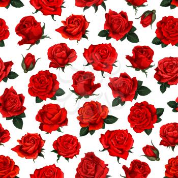Rose flower seamless pattern of floral background. Red blossom of summer garden plant with green leaf and tide bud on white background for wallpaper, textile or bouquet wrapping paper design