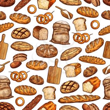 Bread and pastry seamless pattern background for food product design. Bread, baguette and toast, roll bun, bagel and wheat flour bag for bakery shop menu and cereal meal packaging backdrop