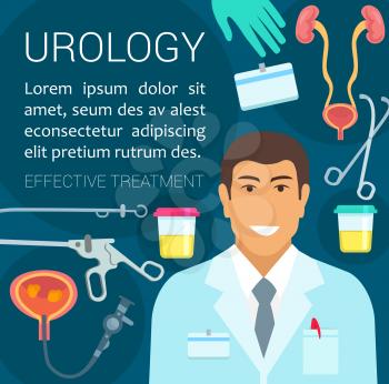 Urology medicine poster for health care themes design. Urologist doctor, diagnostic tool and medical treatment with urinary system and bladder anatomy icon for hospital and clinic banner template