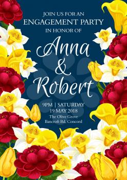Wedding invitation card with spring floral frame of engagement party template. Daffodil, tulip, calla lily and peony flower banner with yellow and red blossom for festive postcard design