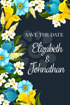 Save the date floral banner of wedding invitation design. Greeting card with spring flower frame border of blooming crocus, calla lily and jasmine branch blossom for engagement or wedding ceremony invite