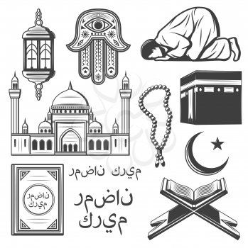 Islam religion and culture symbol set. Muslim mosque, crescent moon and star, Ramadan lantern, Holy Quran and arabic calligraphy, Kaaba mosque in Mecca, prayer or salah, rosary and hamsa hand icon