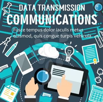 Digital dta transmission and internet communication technology poster. Vector flat design of cloud data sharing or web networking services for internet innovations and digital storage devices