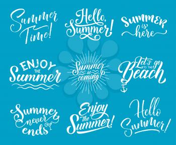 Summer Season lettering for Summertime holiday celebration, vacation travel and beach party card. Hello Summer calligraphy quote, decorated with sea wave, sun rays and marine anchor
