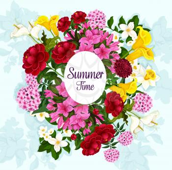 Summer time floral poster of garden blooming flowers for summertime season. Vector design of blooming daffodils, lily and crocuses bunch with tulips blossoms for summer seasonal greeting card