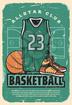 Basketball club or college team and sport league retro poster. Vector vintage design of basketball player vest shirt, ball and sneakers shoes on arena field for cup tournament or championship