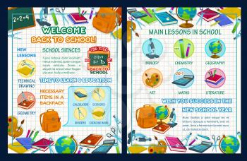 Back to school poster template with school supplies and science infographic. Maths, chemistry, biology and geography study items with book, pencil and globe, blackboard and calculator on squared paper
