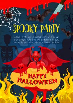 Happy Halloween greeting card for october holiday spooky night party celebration. Horror devil demon, skeleton and mummy, spider net, bat and monster invitation flyer with blood drop and hell fire