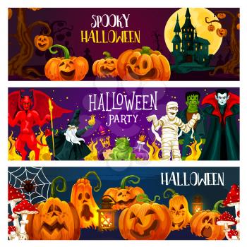 Halloween pumpkin and horror monster greeting banner. Ghost house, autumn lantern and spider, scary zombie, vampire and mummy, creepy demon and evil wizard for october holiday party invitation design