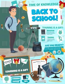 Back to School poster for education and learning in university or college. Vector cartoon design of student boy with school bag, microscope and globe for astronomy, bell and glasses on blackboard