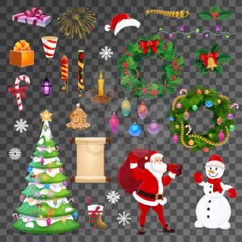 Christmas isolated objects, transparent background. Vector Santa, candle and scroll, holly berry, snowman and gingerbread cookie, Xmas tree and gift, stocking sock, wreath and hat, bell and snowflake