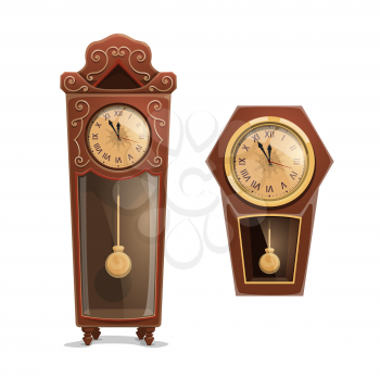 Christmas midnight clock, winter holidays watch. Vintage wooden clocks with golden dials and pendulums, decorated by snowflake and ornaments. Xmas countdown, vector object