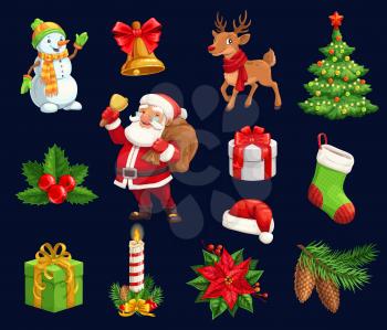 Christmas holiday icons, characters. Vector isolated cartoon pine tree, deer and holly berry, candle and bell, hat and poinsettia, Santa and snowman with gifts, stocking sock and wreath