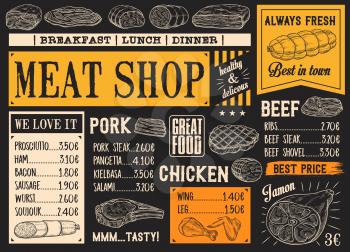 Meat product sketches on chalkboard. Vector beef steak and sausage, ham and pork bacon, salami and gamon, frankfurter and pepperoni, chicken. Butcher shop menu for breakfast, lunch or dinner