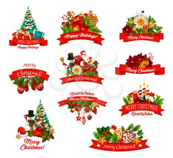 Merry Christmas best wishes lettering on red ribbons and New Year decorations of winter holiday season. Vector greetings, Christmas tree ornament and cookie in snow, Santa and snowman with gifts