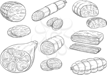 Meat and sausages sketch icons. Vector isolated meat delicatessen of curry wurst or salami and pepperoni cervelat, smoked pork bacon and fresh veal sausage or hamon ham for grocery store