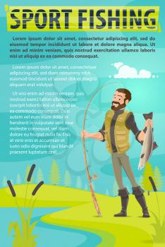 fishing sport poster template of fisherman or fisher man fishing with fish catch at river or lake shore. Vector flat design of man in rubber boots with pike fish catch on rod hook