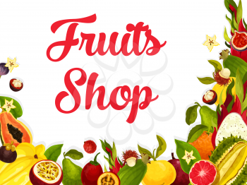 Exotic fruits poster for fruit shop or farm market. Vector papaya, grapefruit or tropical passion fruit maracuya or juicy banana or kiwi, sweet juicy durian and orange or feijoa and lychee harvest