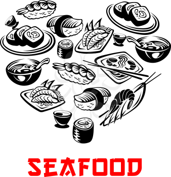Japanese sushi bar or Asian seafood restaurant heart. Vector icons of Japan cuisine sushi rolls, shrimp or prawn tempura and miso soup with noodles and rice, salmon en eel sashimi or bento lunch