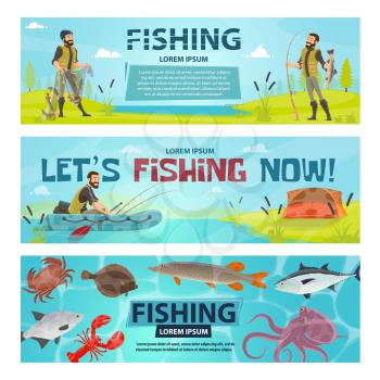 Fishing sport banners design of fisherman on fishing with rod in inflatable boat. Vector flat design of fisher tackles, baits and fish or seafood catch of lobster, flounder or trout and octopus