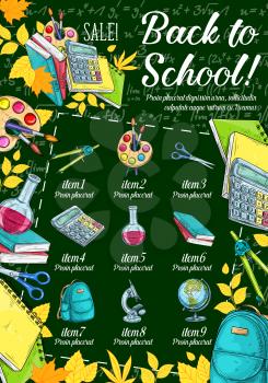 Back to school sale promotion banner of school supplies on chalkboard. Student item sketches of book, pencil, paint and globe, calculator, scissors and microscope special offer poster with leaf frame