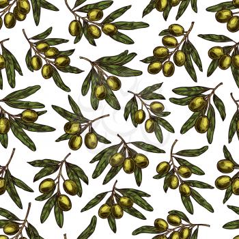 Green olives seamless pattern background botanical design. Vector olive branches pattern for premium Italian or Spanish cuisine eco product or Mediterranean cuisine and extra virgin olive oil product