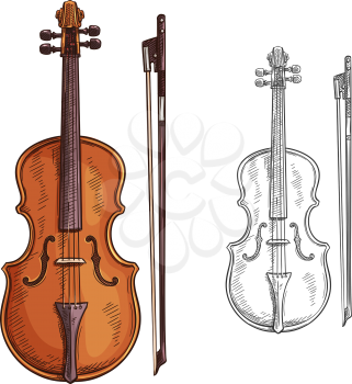 Classic violin with bow vector. Vector brown violin and bow isolated on white background. Concept of music and entertainment. Creative design with colorful and black and white violin