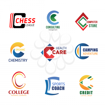 Letter C icons for corporate identity in sport, business consulting management or computer technology and banking commerce industry. Vector letter V for medical healthcare and college education