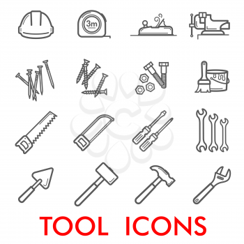 Tools thin line art icons for home repair and construction. Vector set of measure tape ruler or woodwork grinder and vise, nails and screws or paint brush and saw, screwdriver or spanner and hammer