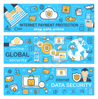 Internet payment protection and global security for online money transaction technology banners. Vector online shopping network communication, credit card encryption and personal data security