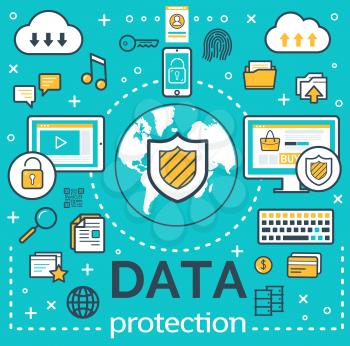 Internet data protection and personal network security poster. Vector personal files encryption technology and online safe browser for web cloud in computers, smartphones and user digital devices
