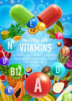 Vitamins of fruits and vegetables poster for healthy life or multivitamin complex package design. Vector cabbage, papaya or corn and exotic durian fruits with radish or carrot and beet vegetable
