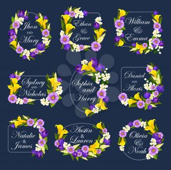 Wedding greeting card of blooming flowers for Save the Date design or engagement party invitation. Vector frames of blue crocuses and calla or lily blossoms with bride or bridegroom names