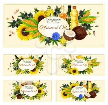 Cooking oils posters for farmer market product. Vector design of extra virgin olive, sunflower seed or coconut and flax or corn oil bottles for natural organic food