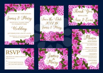 Wedding greeting cards for Save the Date and RSVP or engagement party invitation design. Vector blooming flowers violet or purple crocuses and hibiscus roses in flourish blossoms