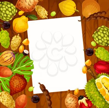 Recipe note list of exotic fruits. Vector design of salak, jujube or sapodilla and ackee, tropical pomelo, ambarella or great morinda and jackfruit or tamarind and jabuticaba with santol fruit